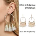 Detail of bohemian round hoop earrings featuring white cotton wrap and beaded tassels - Ethnic Tassel Earrings Style (5#)