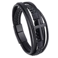 Bracciale multistrato in pelle nera da uomo con croce in metallo nero e chiusura magnetica - Nero/Accessori Neri