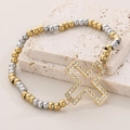 Bracelet rétro en perles bicolores avec pendentif en croix serti de strass brillants - Pendentif Strass en Forme de X Bicolore (KB56177-Z)