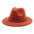Detail of orange fedora wool felt hat featuring colorful bohemian beadwork band - L(58-60cm) / Brick Red