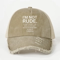 Detail of distressed khaki trucker hat showing worn brim and white printed text - Distressed Khaki