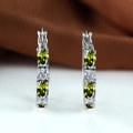 Silver earrings with olive green and white oval-cut cubic zirconia in a vintage prong setting - Olive Green