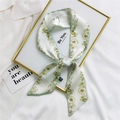 Floral print narrow silk hair scarf in white and light green polyester twill finish - 7*100cm / White Daisy Border