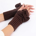 Brown knitted fingerless gloves with bow decoration and long ribbed cuffs for women - Coffee