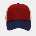 Detail of red and navy trucker hat showing stitching and breathable beige mesh - Wine Red and Navy Brim