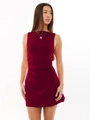 Detail of burgundy Y2K sleeveless mini dress with gathered waist and slim fit design - S / Burgundy