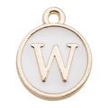 Round gold-plated white enamel charm pendant with letter W for DIY jewelry making - Letter W / 1 Piece (12x14mm) / White