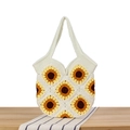 Handmade crochet sunflower tote bag in cream white yarn with yellow floral patterns - White