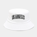 Detailed view of Los Angeles letter embroidery on white cotton bucket hat brim - M(56-58cm) / White