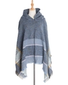 Women's hooded knit poncho featuring gray-blue herringbone pattern and fringe edges - Blue