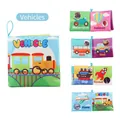 Soft fabric baby book featuring colorful vehicle patterns and English transportation names - Vehicles (16g)