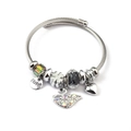 Silver steel cable bracelet with swan pendant, clover charm, and colorful crystals - LOVE Tag Swan (C2-004) / Black