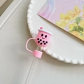 Pink boba tea cup shaped silicone straw topper with matching pink reusable glass straw cover - Milk Tea Cup-Pink / 10mm