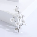 Elegant silver flower branch brooch with white shells, pearls and sparkling rhinestones - Silver