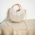 Stroh-Halbmondtasche in Off-White mit handgefertigten Gänseblümchen-Applikationen - Vier Kunststoffblumen-Beige
