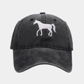 Close-up of horse embroidery on washed dark grey cotton twill baseball cap - Adjustable / Black