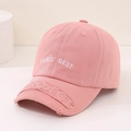 Close-up of pink cotton baseball cap with Paris Best embroidery and distressed brim detail - 52cm (Recommended 3-8 Years) / Pink