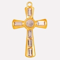 Gold stainless steel cross pendant featuring rectangle and round pink glass crystals - Gold-Pink Rhinestone