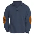Detail of navy long sleeve polo shirt with ribbed texture and brown elbow patches - S / Navy Blue