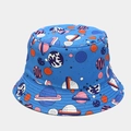 Detail of blue bucket hat featuring vibrant cartoon planet and space galaxy patterns - M (56-58cm) / Planet Print Reversible