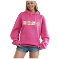 Pink fleece hoodie with gingerbread house print, drawstring hood, and kangaroo pocket - S / Tops / Pink
