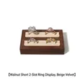 Walnut wood ring display tray with beige velvet inserts and double slot design - Walnut 2-Slot Short Ring Rack - Beige Velvet
