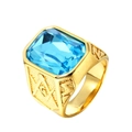 Anello massonico dorato con gemma rettangolare blu chiaro e dettagli incisi a mano - Misura 7 / Oro / Zirconia Blu