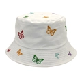 Close-up of multicolor butterfly embroidery on a white cotton reversible bucket hat - M (56-58cm) / White
