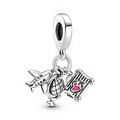 Silver bracelet charms set featuring airplane globe and pink heart suitcase travel theme - Silver Airplane Globe Suitcase