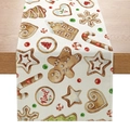 Chemin de table de Noël avec motif maison de pain d'épices et Noel sur lin beige - ZQ036-3 (Bonhomme de Pain d'Épice et Noël)