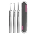 Stainless steel blackhead removal tool kit with 3 tweezers and a grey storage case - S3 Tweezers Set + Small Case