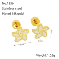 Elegant 18k gold plated stainless steel five-petal flower stud earrings with white enamel - White