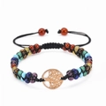 Detail of multi-color stone beads and rose gold tree of life charm on woven bracelet - Mixed Natural Stone