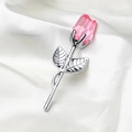 Elegant pink crystal rose brooch with silver metal stem on white silk fabric background - Silver Stem Pink Flower Loose
