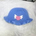 Handmade blue crochet bucket hat featuring a pink heart and white wings patch detail - M (56-58cm) / Heart Blue