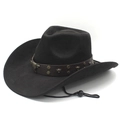 Zwarte suède western cowboyhoed met lederen band met stierkop en een kinband - M (56-58cm) / Zwart
