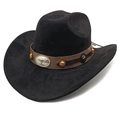 Detailed view of black suede cowboy hat with steer skull emblem on leather band - M (56-58cm) / Black