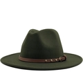 Olive green wool fedora hat with brown leather belt buckle and gold studs on white background - Army Green
