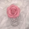 Pink felt camellia flower brooch with double hanging white pearl strands for women - With Pearl Tassel / Light Pink