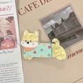 Cute cartoon Shiba Inu acrylic hair clip in mint green sweater on vintage background - Yellow Shiba Inu