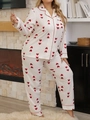 Detail of red heart print and contrast piping on soft beige pajamas set for women - XL / White Red Heart