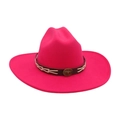 Fashionable bright pink western cowboy hat with decorative leather band and vintage badge - Rose Red