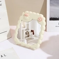 Foldable light yellow wave edge makeup mirror with cute sheep and flower 3D decor - Cute Sheep / Goose Yellow