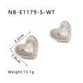 Silver textured heart-shaped stud earrings with sparkling center crystal, size 2.2cm - Silver Heart White Gemstone Style (NB-E1179-S-WT)