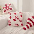 Christmas cushion cover with tufted Santa hat and candy cane embroidery on white fabric - Small Hat Christmas
