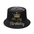 Black cotton bucket hat with golden It's My Birthday print and crown for party use - M (56-58cm) / Black Golden Crown Style (B)