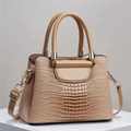 Beige crocodile embossed bucket bag with gold hardware and dual handles for women - Khaki