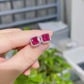 Elegant silver stud earrings featuring square red ruby stone with white diamond halo - Square Ruby Red Corundum Studs (5#)