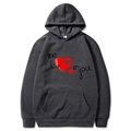 Dark grey hoodie with me and you heart puzzle print and adjustable hood strings - S / Tops / Dark Gray