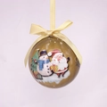 Golden Christmas ball ornament with Santa and snowman patterns and beige ribbon - Santa Claus and Snowman